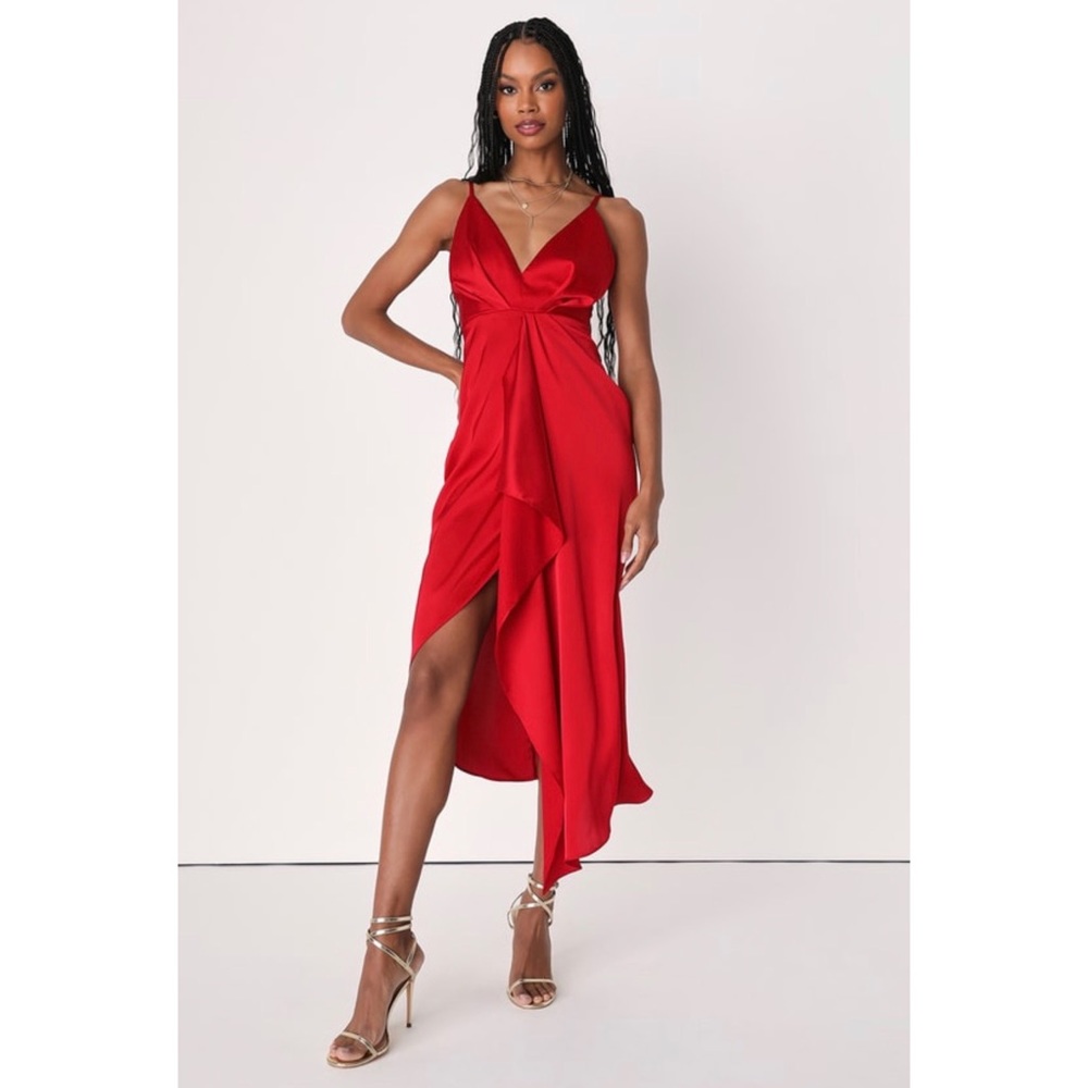 Red Satin Midi Wedding Summer Evening Dress (excellent tummy coverage)
